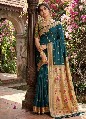Dark teal banarasi silk blend saree with peacock paithani border 3