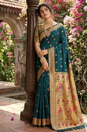 Dark teal banarasi silk blend saree with peacock paithani border