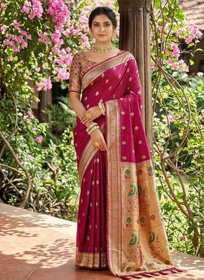 Dark magenta banarasi silk blend saree with peacock paithani border 1
