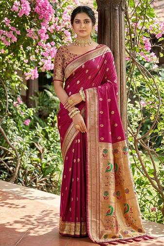 Dark magenta banarasi silk blend saree with peacock paithani border