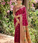 Dark magenta banarasi silk blend saree with peacock paithani border