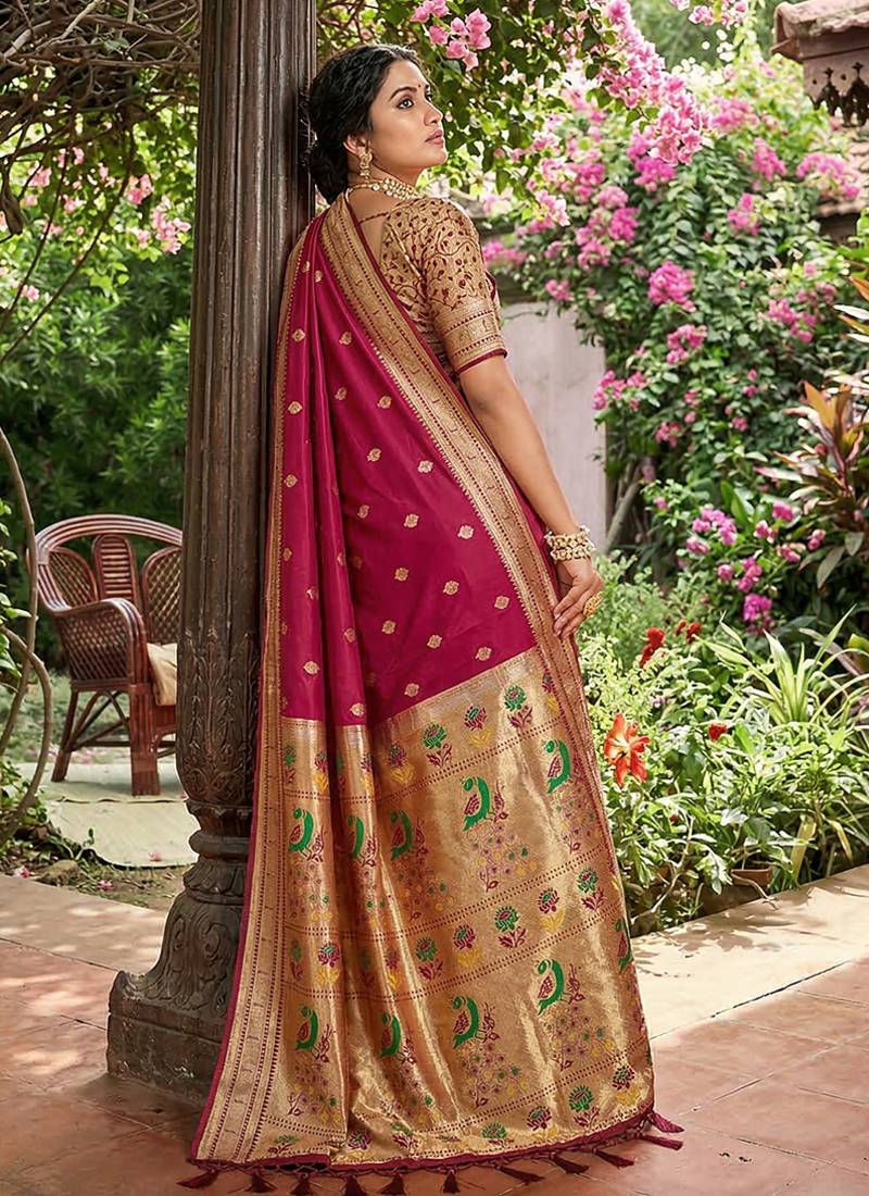 Dark magenta banarasi silk blend saree with peacock paithani border