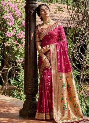 Dark magenta banarasi silk blend saree with peacock paithani border 3