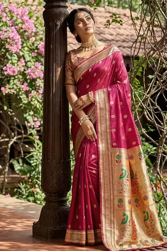 Dark magenta banarasi silk blend saree with peacock paithani border