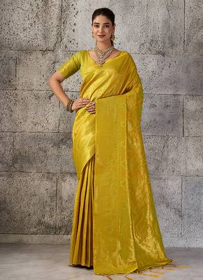 Mustard yellow kanjivaram silk blend zari woven saree with unstiched blouse 1