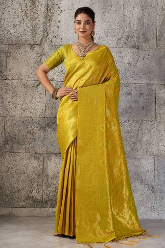 Mustard yellow kanjivaram silk blend zari woven saree with unstiched blouse