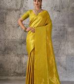 Mustard yellow kanjivaram silk blend zari woven saree with unstiched blouse