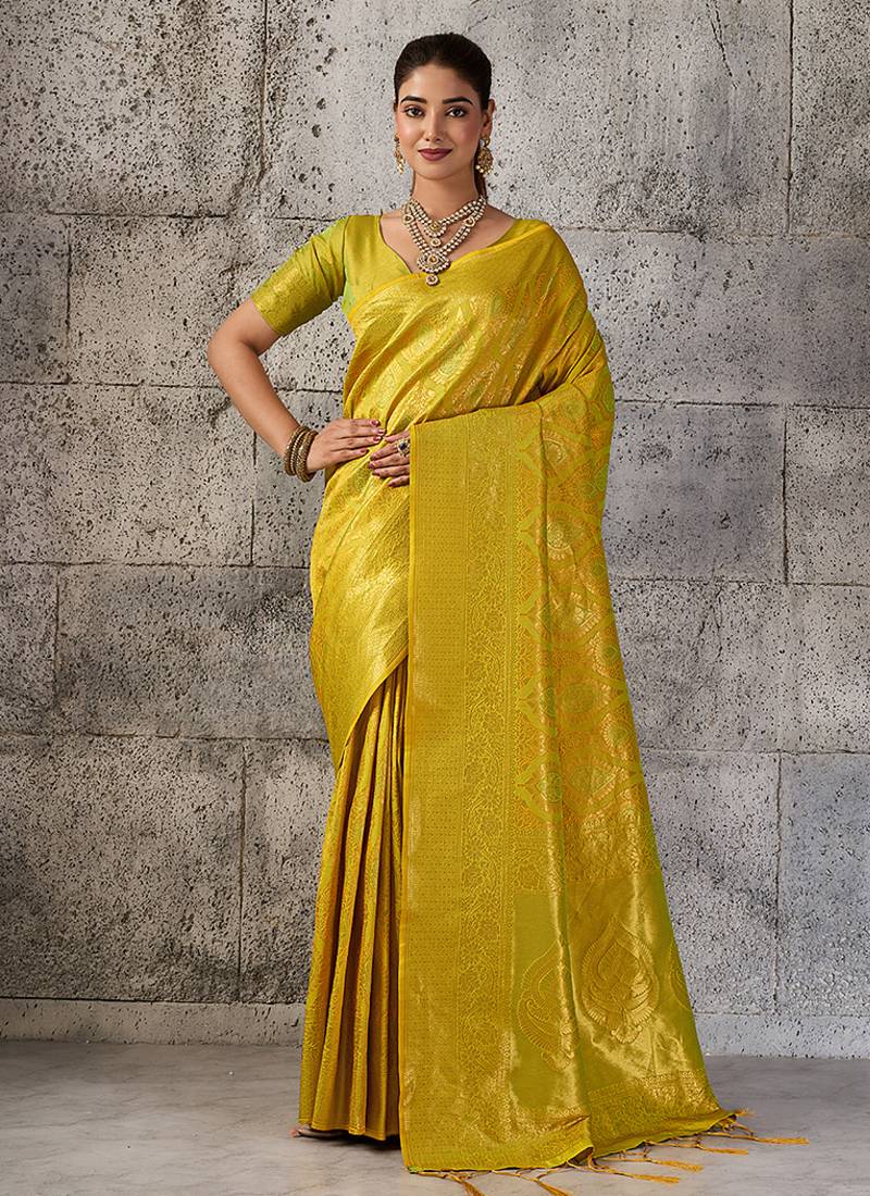 Mustard yellow kanjivaram silk blend zari woven saree with unstiched blouse