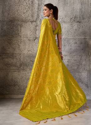 Mustard yellow kanjivaram silk blend zari woven saree with unstiched blouse 2