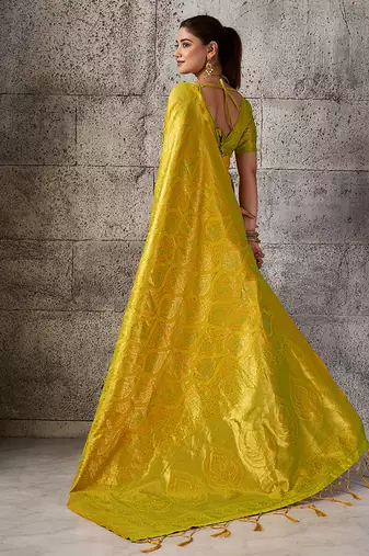 Mustard yellow kanjivaram silk blend zari woven saree with unstiched blouse