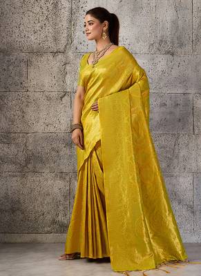Mustard yellow kanjivaram silk blend zari woven saree with unstiched blouse 3