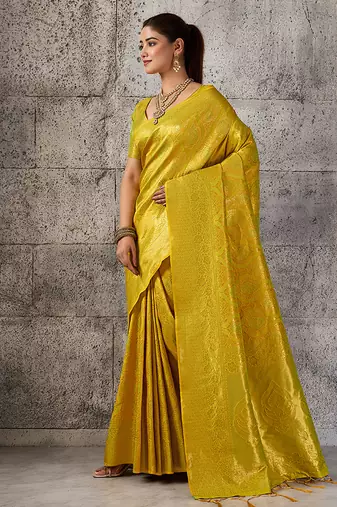 Mustard yellow kanjivaram silk blend zari woven saree with unstiched blouse
