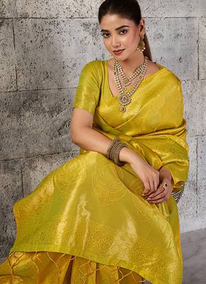 Mustard yellow kanjivaram silk blend zari woven saree with unstiched blouse 4