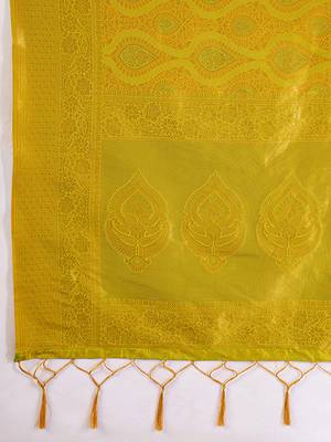 Mustard yellow kanjivaram silk blend zari woven saree with unstiched blouse 5