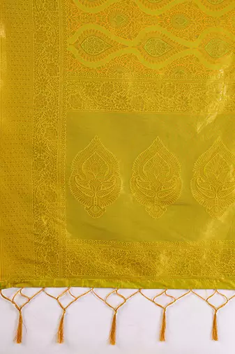 Mustard yellow kanjivaram silk blend zari woven saree with unstiched blouse