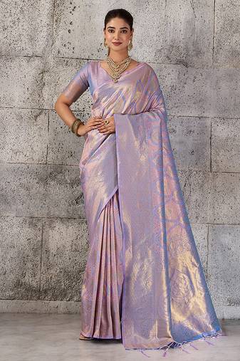 Lavender kanjivaram silk blend zari woven saree with unstiched blouse