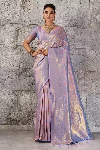Lavender kanjivaram silk blend zari woven saree with unstiched blouse