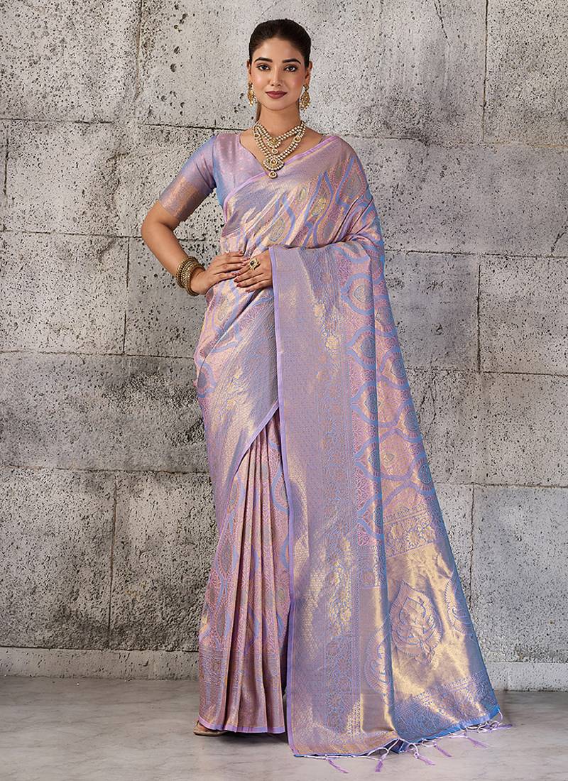 Lavender kanjivaram silk blend zari woven saree with unstiched blouse