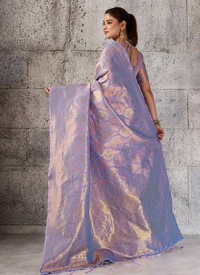 Lavender kanjivaram silk blend zari woven saree with unstiched blouse 2