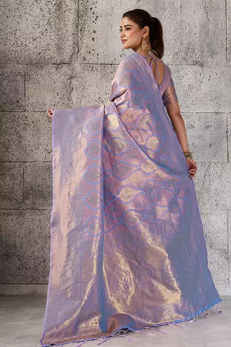Lavender kanjivaram silk blend zari woven saree with unstiched blouse