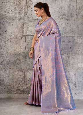 Lavender kanjivaram silk blend zari woven saree with unstiched blouse 3
