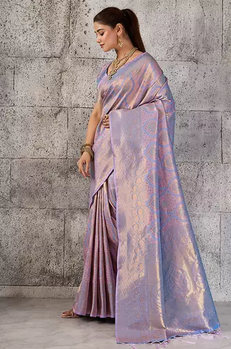 Lavender kanjivaram silk blend zari woven saree with unstiched blouse