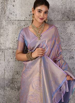Lavender kanjivaram silk blend zari woven saree with unstiched blouse 4