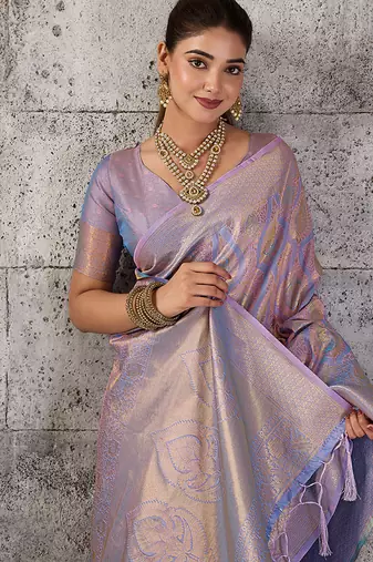 Lavender kanjivaram silk blend zari woven saree with unstiched blouse