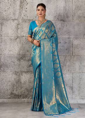 Light blue kanjivaram silk blend zari woven saree with unstiched blouse 1