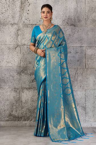 Light blue kanjivaram silk blend zari woven saree with unstiched blouse