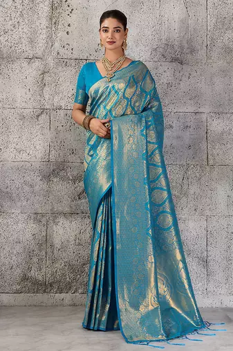 Light blue kanjivaram silk blend zari woven saree with unstiched blouse