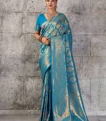 Light blue kanjivaram silk blend zari woven saree with unstiched blouse