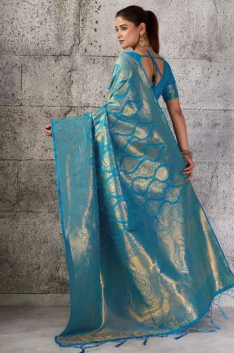 Light blue kanjivaram silk blend zari woven saree with unstiched blouse