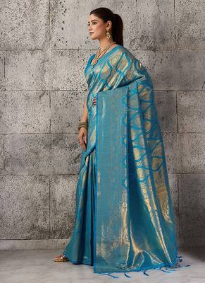 Light blue kanjivaram silk blend zari woven saree with unstiched blouse 3