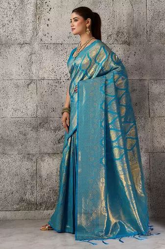 Light blue kanjivaram silk blend zari woven saree with unstiched blouse