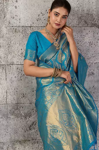 Light blue kanjivaram silk blend zari woven saree with unstiched blouse