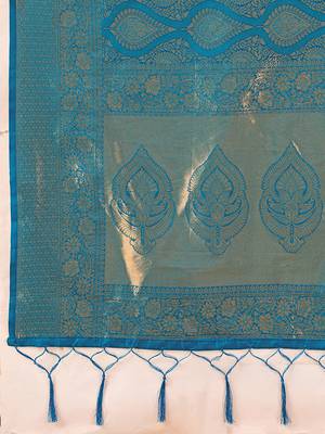 Light blue kanjivaram silk blend zari woven saree with unstiched blouse 5