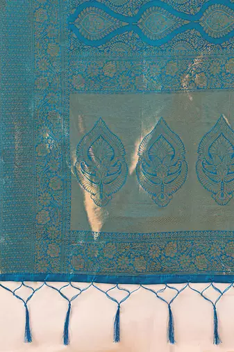 Light blue kanjivaram silk blend zari woven saree with unstiched blouse