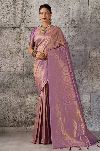Mauve purple kanjivaram silk blend zari woven saree with unstiched blouse