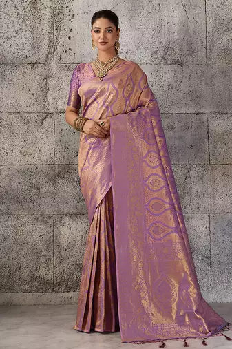 Mauve purple kanjivaram silk blend zari woven saree with unstiched blouse