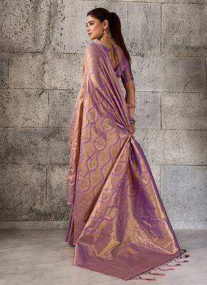 Mauve purple kanjivaram silk blend zari woven saree with unstiched blouse 2