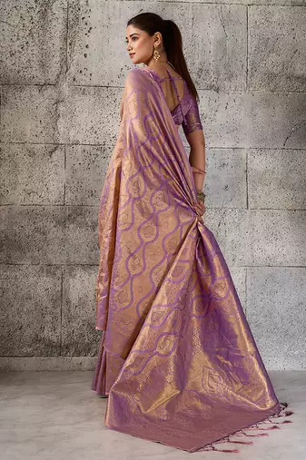 Mauve purple kanjivaram silk blend zari woven saree with unstiched blouse