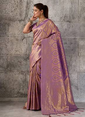 Mauve purple kanjivaram silk blend zari woven saree with unstiched blouse 3