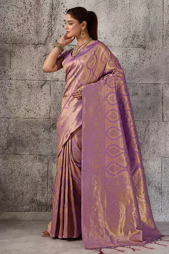 Mauve purple kanjivaram silk blend zari woven saree with unstiched blouse