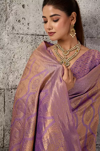 Mauve purple kanjivaram silk blend zari woven saree with unstiched blouse