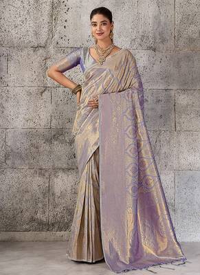 Greyish lavender kanjivaram silk blend zari woven saree with unstiched blouse 1