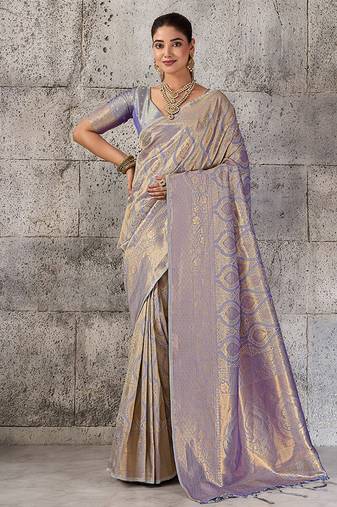 Greyish lavender kanjivaram silk blend zari woven saree with unstiched blouse