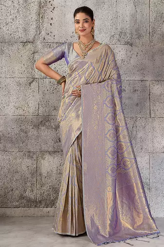 Greyish lavender kanjivaram silk blend zari woven saree with unstiched blouse