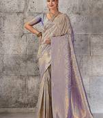 Greyish lavender kanjivaram silk blend zari woven saree with unstiched blouse