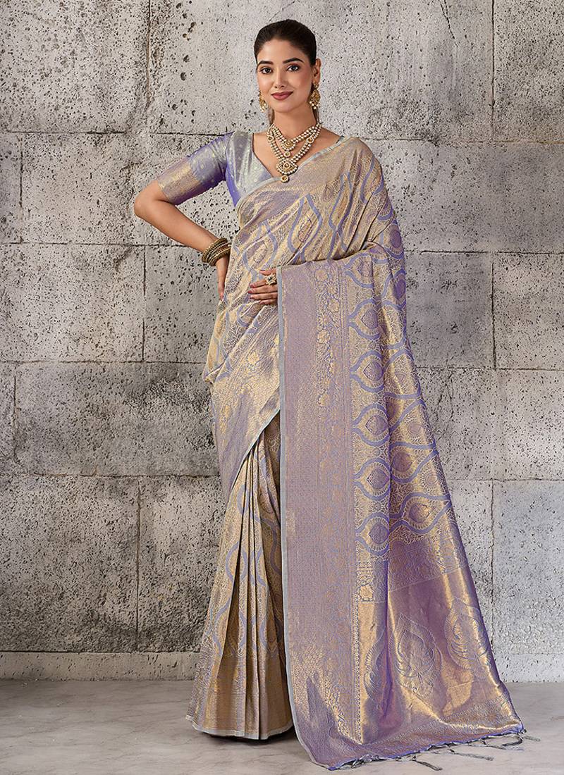 Greyish lavender kanjivaram silk blend zari woven saree with unstiched blouse